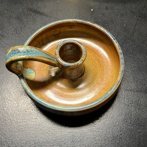Shearwater Pottery candlestick holder with handle blue and brown glazed